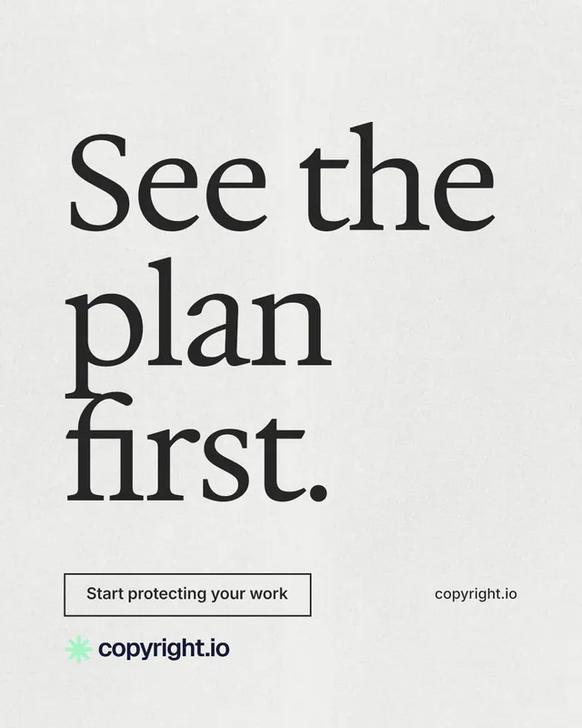 Instagram portrait post for copyright.io: "See the plan first." Editorial style, poster layout, light palette in white, grey.