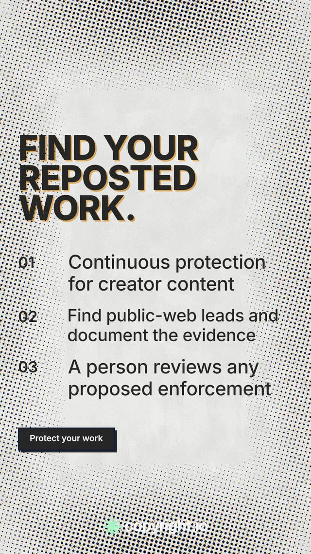 Instagram story for copyright.io: "Find your reposted work." Brutalist style, numbered layout, light palette in grey, white.