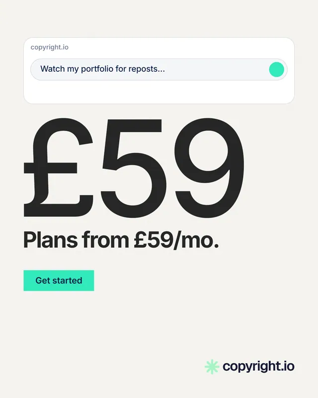 Instagram portrait post for copyright.io: "See the plan first." Swiss style, stat layout, light palette in white, grey.