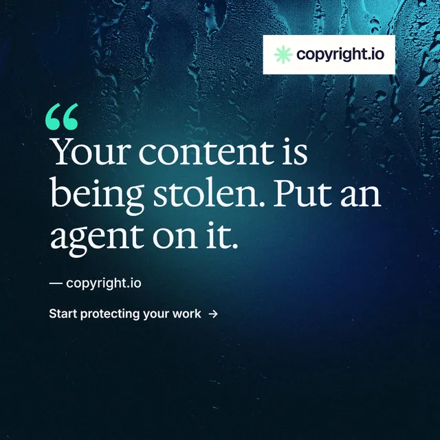 Instagram post for copyright.io: "Find your reposted work." Minimal luxury style, quote layout, dark palette in blue, black.
