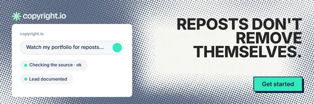 X header for copyright.io: "Reposts don't remove themselves." Brutalist style, right layout, light palette in grey, white, teal.