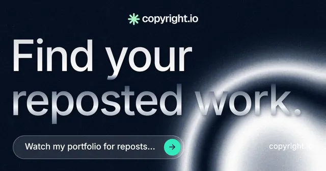 Social ad for copyright.io: "Find your reposted work." Agentic glass style, poster layout, dark palette in black, grey, blue.