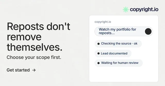 Social ad for copyright.io: "Reposts don't remove themselves." Minimal luxury style, bottom layout, light palette in white, grey.