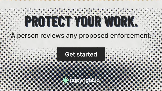 Landscape graphic for copyright.io: "Protect your work." Retro print style, skeleton layout, light palette in grey, white.