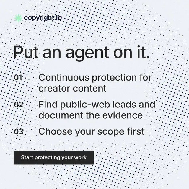 Instagram post for copyright.io: "Put an agent on it." Swiss style, numbered layout, light palette in blue, white, grey.