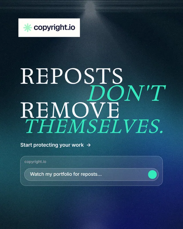 Instagram portrait post for copyright.io: "Reposts don't remove themselves." Minimal luxury style, stacked layout, dark palette in blue, teal.