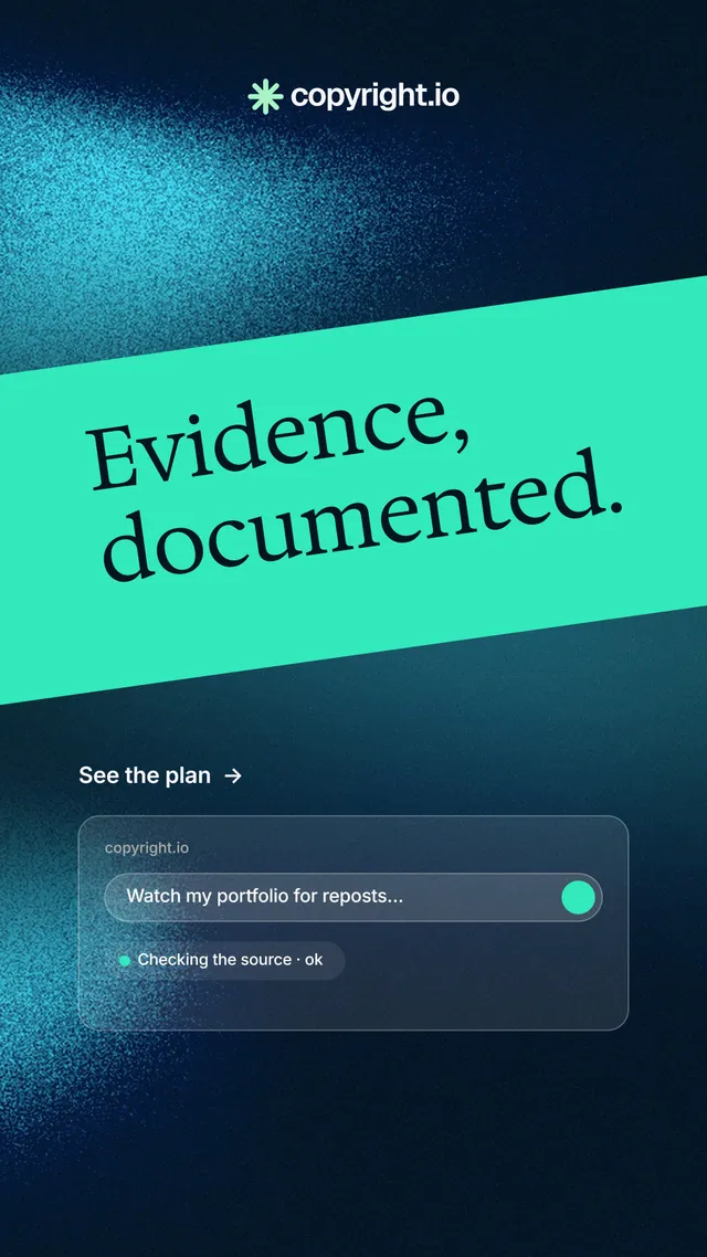 Instagram story for copyright.io: "Evidence, documented." Minimal luxury style, diagonal layout, dark palette in black, blue, teal.