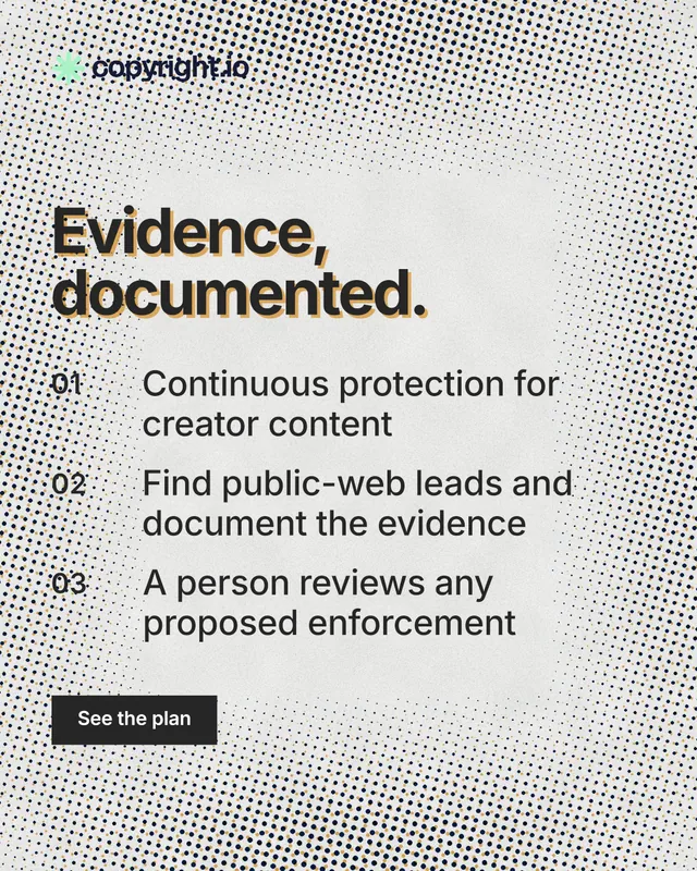 Instagram portrait post for copyright.io: "Evidence, documented." Swiss style, numbered layout, light palette in white, grey.