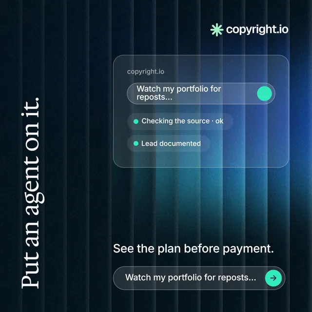 Instagram post for copyright.io: "Put an agent on it." Agentic glass style, vertical layout, dark palette in black, blue.