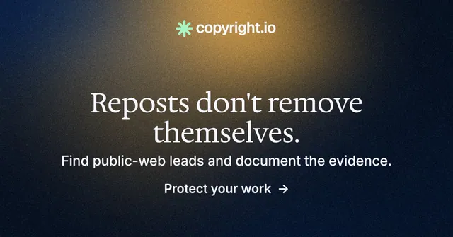Social ad for copyright.io: "Reposts don't remove themselves." Minimal luxury style, skeleton layout, dark palette in black, grey, orange.