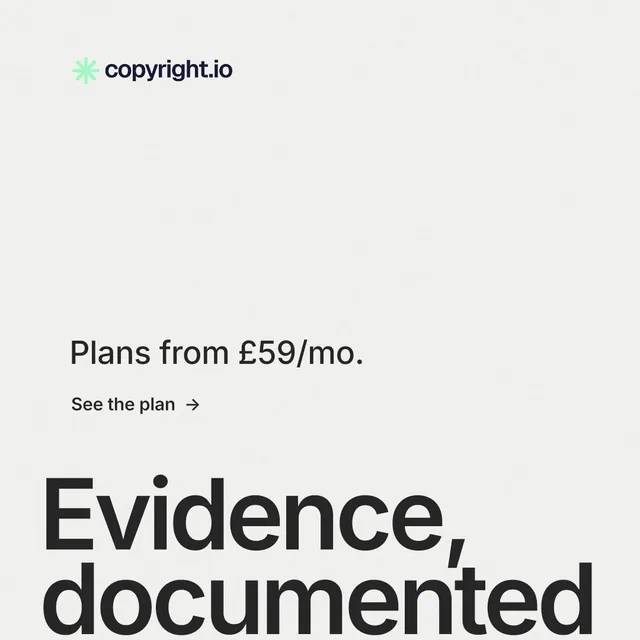 Instagram post for copyright.io: "Put an agent on it." Minimal luxury style, oversized layout, light palette in white, grey.