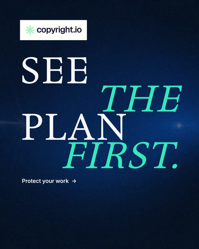 Instagram portrait post for copyright.io: "See the plan first." Minimal luxury style, stacked layout, dark palette in blue, black.