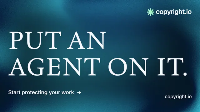 Landscape graphic for copyright.io: "Put an agent on it." Minimal luxury style, poster layout, dark palette in blue.