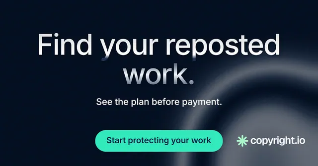 Social ad for copyright.io: "Find your reposted work." Y2K style, centred layout, dark palette in black, teal, blue.