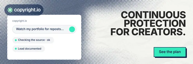 X header for copyright.io: "Continuous protection for creators." Brutalist style, right layout, light palette in grey, white, green.