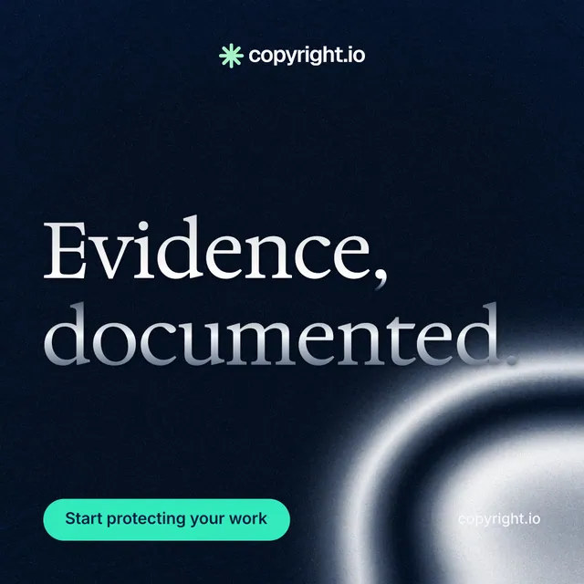 Instagram post for copyright.io: "Evidence, documented." Y2K style, poster layout, dark palette in black, grey.