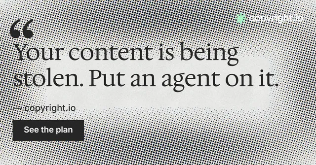 Social ad for copyright.io: "Continuous protection for creators." Retro print style, quote layout, light palette in grey, white.