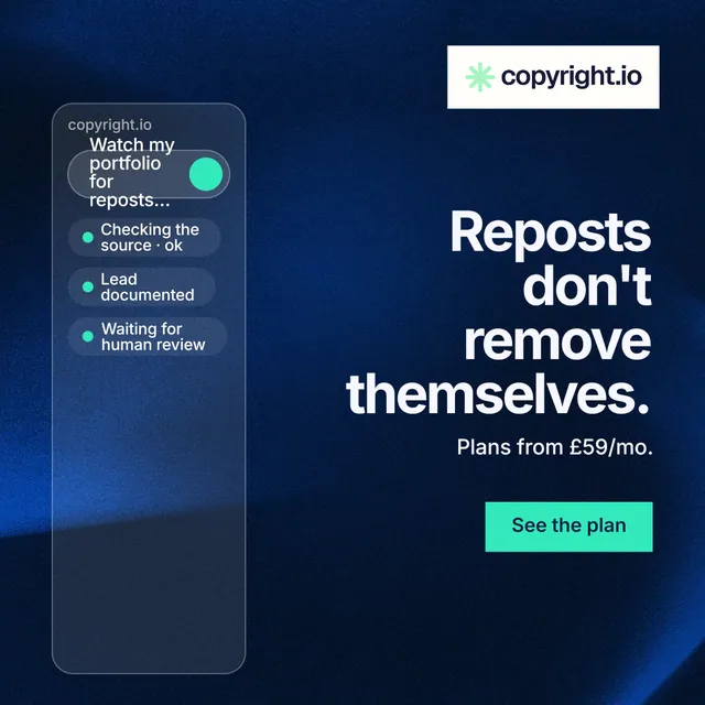 Instagram post for copyright.io: "Reposts don't remove themselves." Swiss style, right layout, dark palette in blue, black.