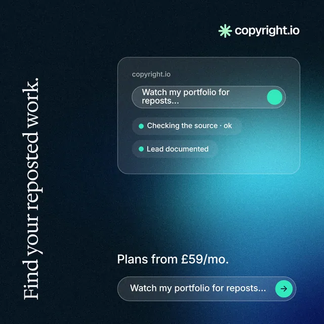 Instagram post for copyright.io: "Find your reposted work." Agentic glass style, vertical layout, dark palette in black, teal, blue.