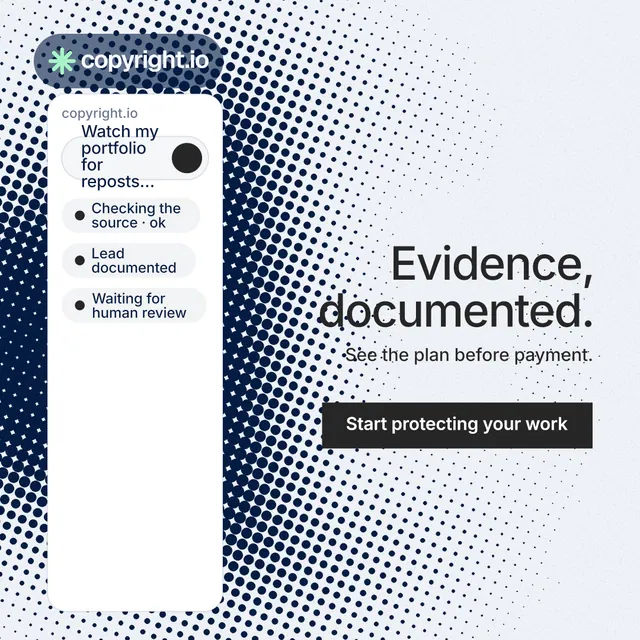 Instagram post for copyright.io: "Evidence, documented." Swiss style, right layout, light palette in white, grey.