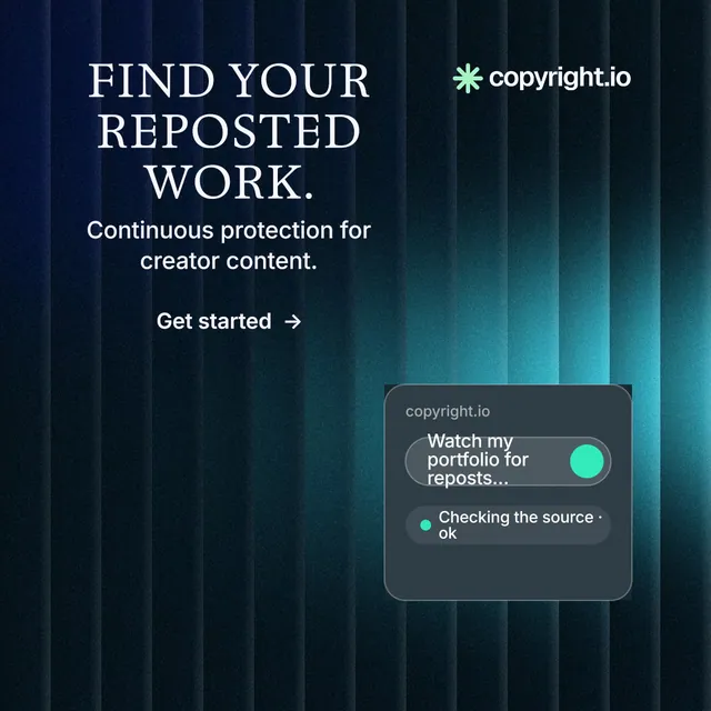 Instagram post for copyright.io: "Find your reposted work." Minimal luxury style, skeleton layout, dark palette in black, blue, teal.