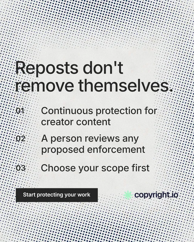 Instagram portrait post for copyright.io: "Reposts don't remove themselves." Retro print style, numbered layout, light palette in white, grey.