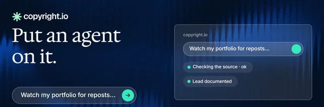 X header for copyright.io: "Put an agent on it." Agentic glass style, bottom layout, dark palette in blue, black.