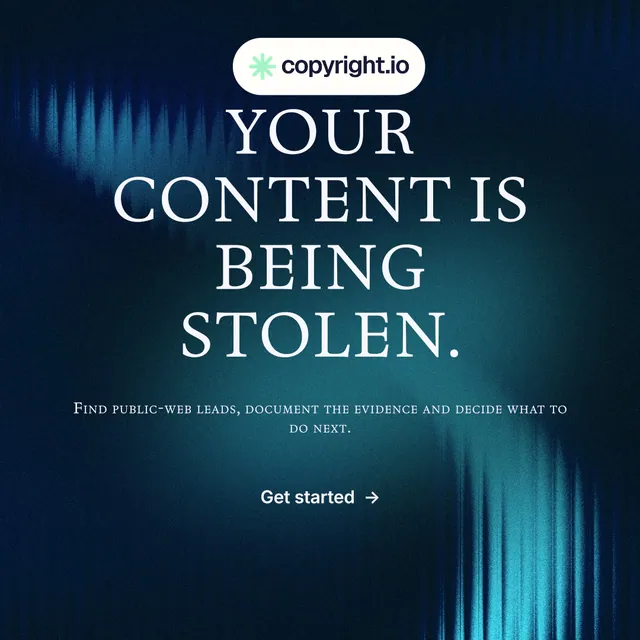 Instagram post for copyright.io: "Your content is being stolen." Agentic glass style, smallcaps layout, dark palette in blue, black, teal.