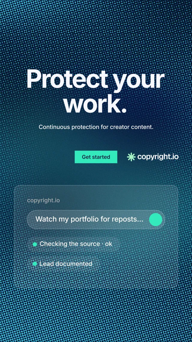 Instagram story for copyright.io: "Protect your work." Swiss style, centred layout, dark palette in blue, teal.