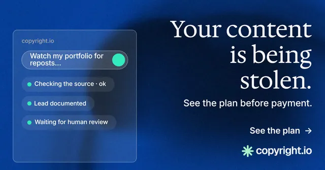 Social ad for copyright.io: "Your content is being stolen." Minimal luxury style, right layout, dark palette in blue.