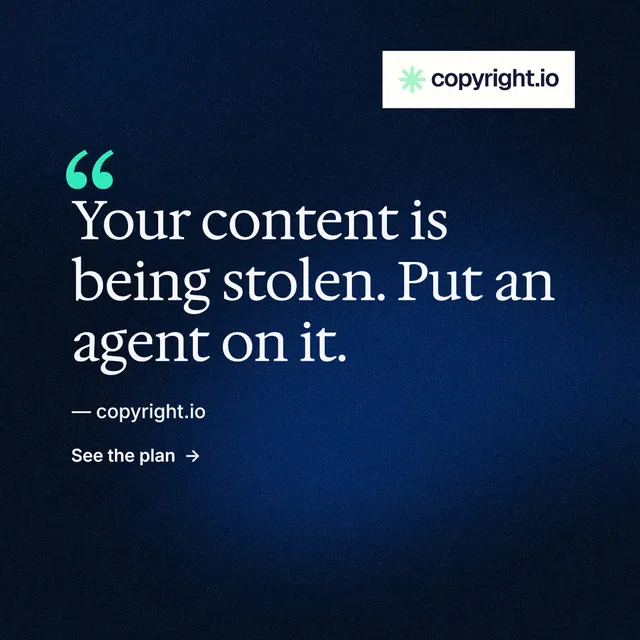 Instagram post for copyright.io: "Find your reposted work." Minimal luxury style, quote layout, dark palette in blue, black.