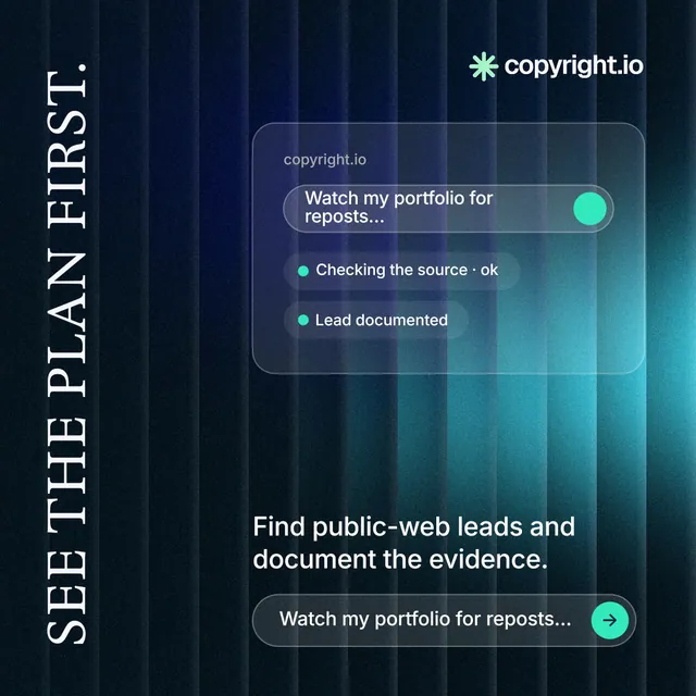 Instagram post for copyright.io: "See the plan first." Agentic glass style, vertical layout, dark palette in teal, blue, black.