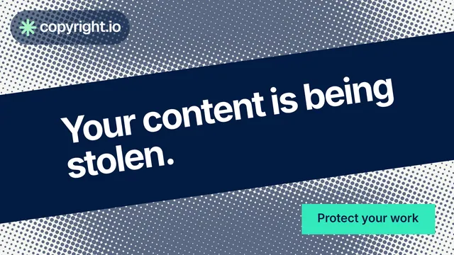 Landscape graphic for copyright.io: "Your content is being stolen." Swiss style, diagonal layout, dark palette in blue, grey, teal.