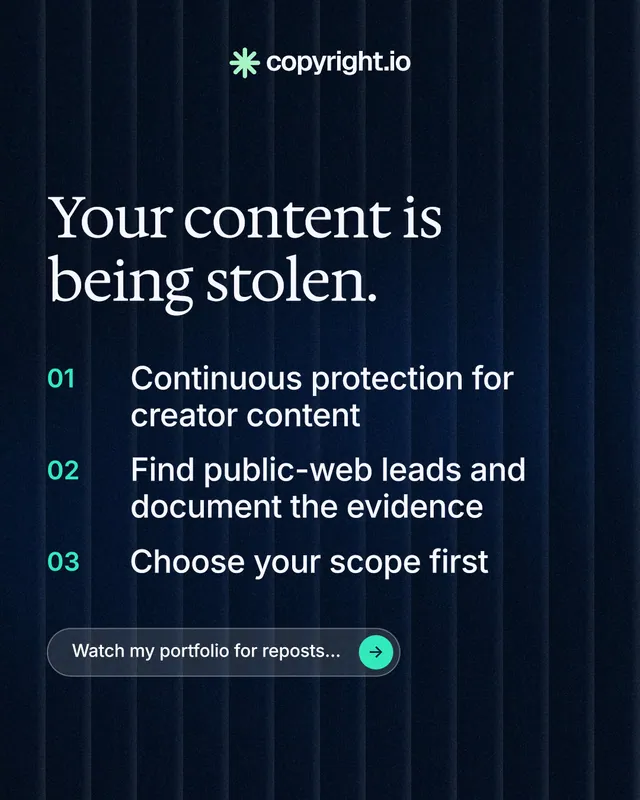 Instagram portrait post for copyright.io: "Your content is being stolen." Agentic glass style, numbered layout, dark palette in black, blue.