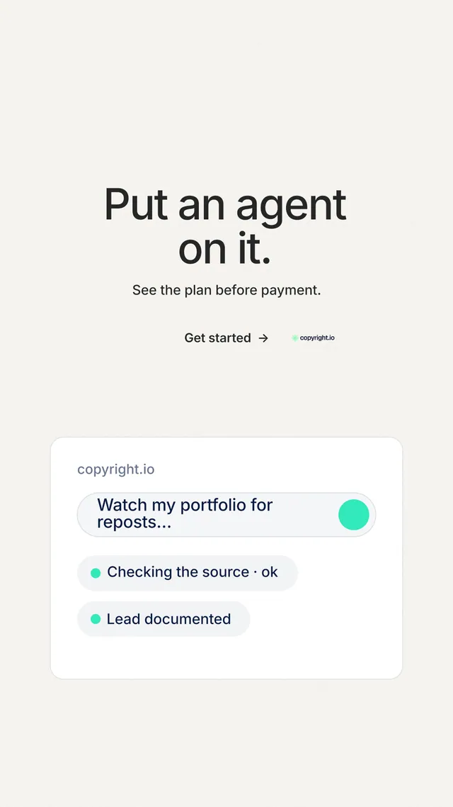 Instagram story for copyright.io: "Put an agent on it." Minimal luxury style, centred layout, light palette in white.