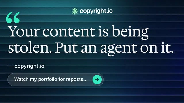 Landscape graphic for copyright.io: "Reposts don't remove themselves." Agentic glass style, quote layout, dark palette in blue, black, teal.