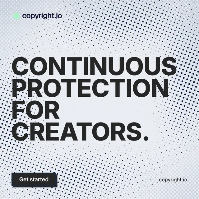 Instagram post for copyright.io: "Continuous protection for creators." Brutalist style, poster layout, light palette in white, blue, grey.