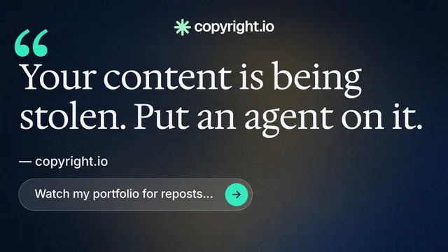 Landscape graphic for copyright.io: "Reposts don't remove themselves." Agentic glass style, quote layout, dark palette in black, grey, blue.