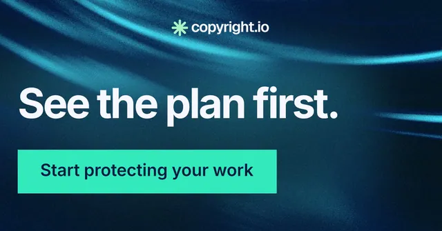 Social ad for copyright.io: "See the plan first." Swiss style, skeleton layout, dark palette in blue, black, teal.