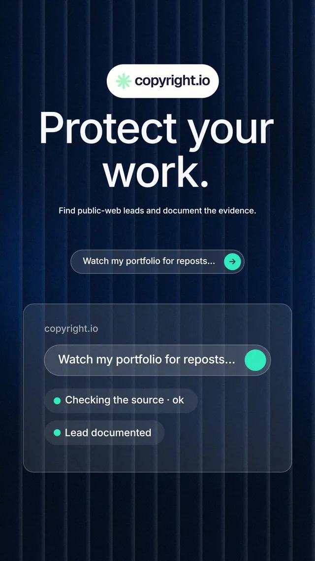 Instagram story for copyright.io: "Protect your work." Agentic glass style, centred layout, dark palette in black, blue, grey.