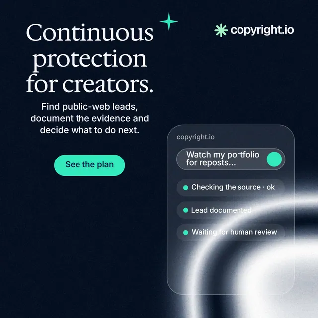 Instagram post for copyright.io: "Continuous protection for creators." Y2K style, skeleton layout, dark palette in black, blue, grey.