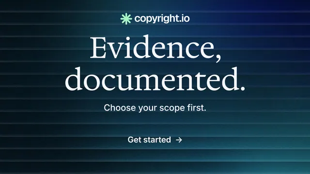Landscape graphic for copyright.io: "Evidence, documented." Minimal luxury style, centred layout, dark palette in blue, black.