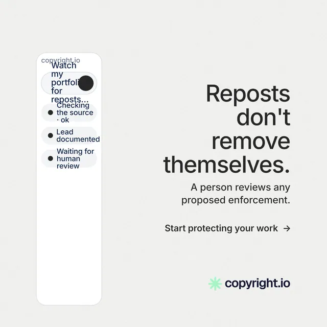 Instagram post for copyright.io: "Reposts don't remove themselves." Minimal luxury style, right layout, light palette in white.