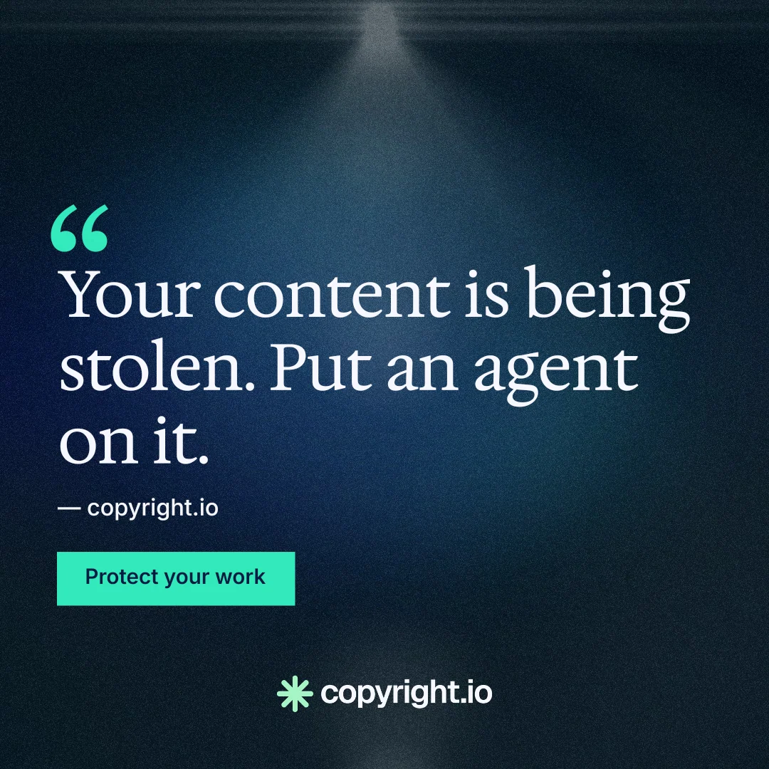 Instagram post for copyright.io: "Put an agent on it." Swiss style, quote layout, dark palette in blue, black.