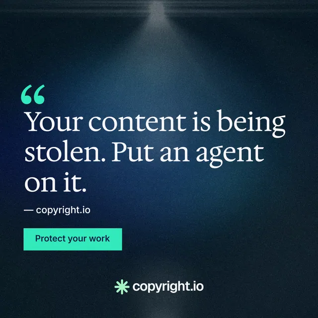 Instagram post for copyright.io: "Put an agent on it." Swiss style, quote layout, dark palette in blue, black.