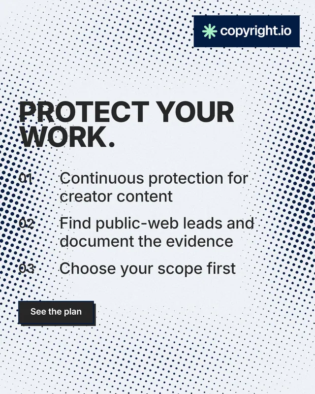 Instagram portrait post for copyright.io: "Protect your work." Brutalist style, numbered layout, light palette in blue, white, grey.