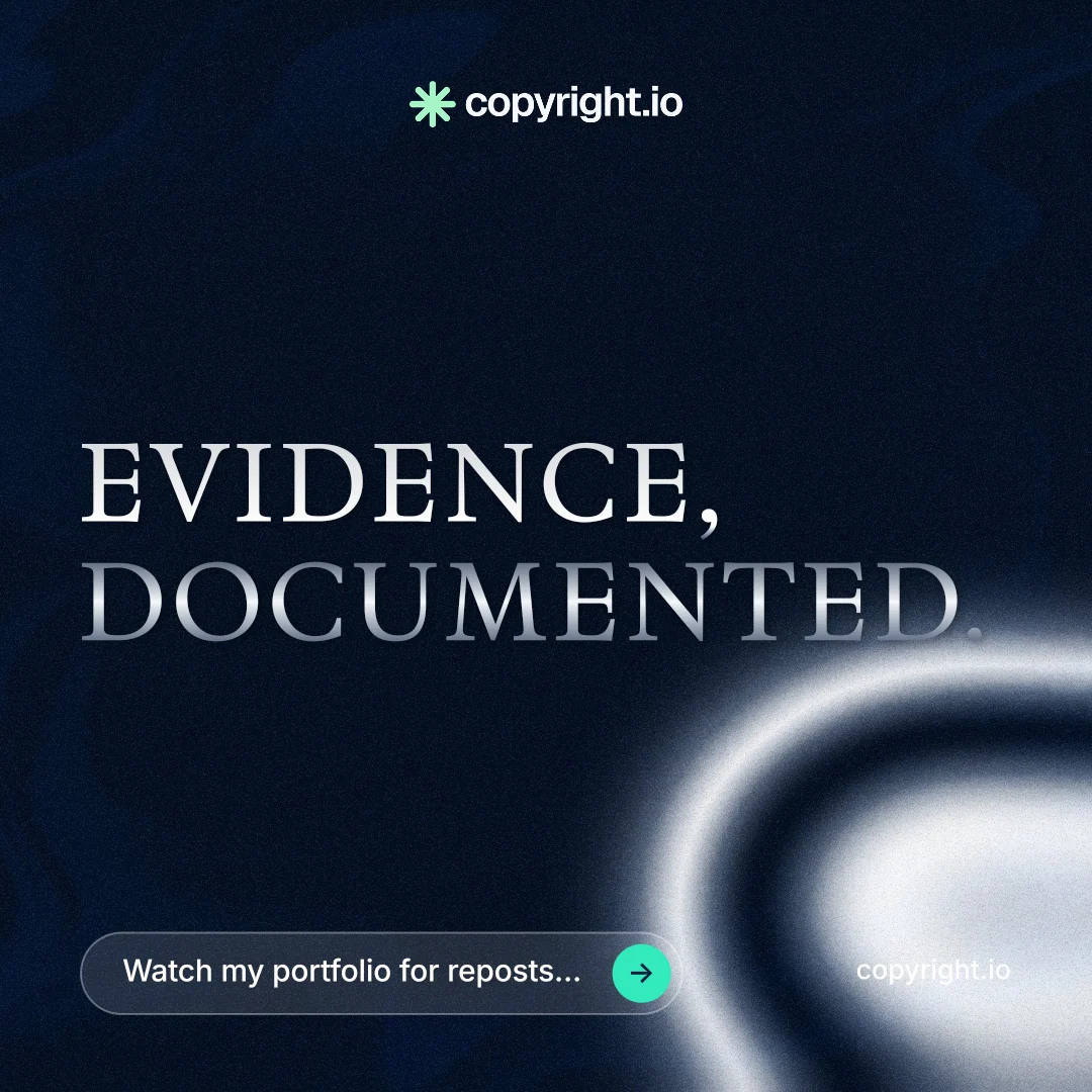 Instagram post for copyright.io: "Evidence, documented." Agentic glass style, poster layout, dark palette in black, grey.