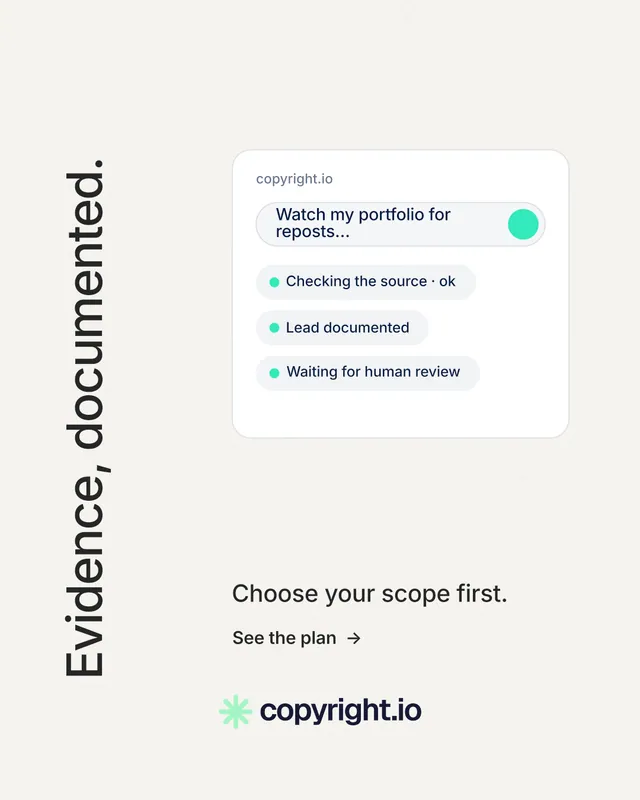 Instagram portrait post for copyright.io: "Evidence, documented." Minimal luxury style, vertical layout, light palette in white, grey.