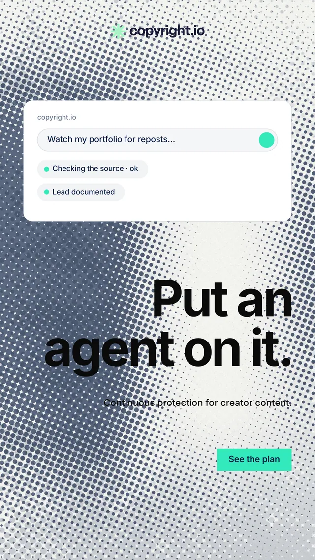 Instagram story for copyright.io: "Put an agent on it." Swiss style, right layout, light palette in white, grey.