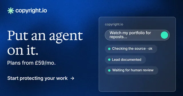 Social ad for copyright.io: "Put an agent on it." Minimal luxury style, bottom layout, dark palette in blue.